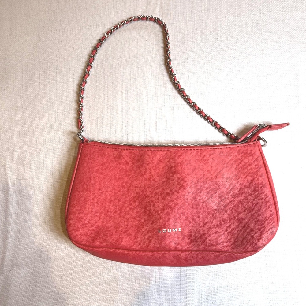 Loume‎ Pink Saffiano Faux Leather Baguette Shoulder Bag Silver Chain Strap